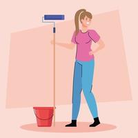 woman cartoon painting with roll and bucket vector design