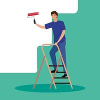 man cartoon painting with roll on ladder vector design