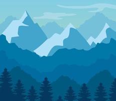 paisaje azul y silueta de montañas con árboles de pino vector