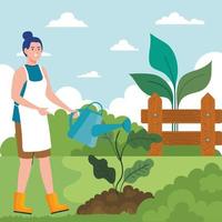 Gardening woman with watering can and plant vector design