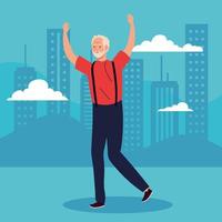 cute old man with hands up celebrating vector