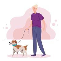 old woman walking with dog pet vector