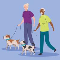 cute old couple walking with dogs mascots vector