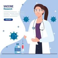 investigación de vacunas médicas doctora con jeringa y desarrollo de vial vacuna coronavirus covid19 vector