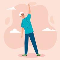 senior man performing stretching with clouds on background vector