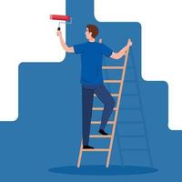 man cartoon painting with roll on ladder vector design