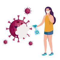 woman wearing medical mask and covid19 particles, comic characters with splash bottle vector
