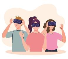 Grupo de tres jóvenes que utilizan dispositivos de tecnología de máscaras de realidad virtual. vector