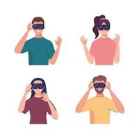 group of four young people using virtual reality masks technology devices vector