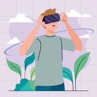 man using virtual reality mask technology device with leaves vector