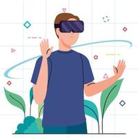 young man using virtual reality mask technology device with leaves vector