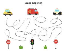 Laberinto con camión de bomberos, coche de policía, taxi, juego de lógica para niños. vector