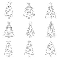 Conjunto de ilustraciones de vectores de árboles de Navidad en blanco y negro