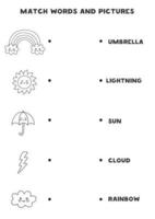 juego educativo de palabras y elementos meteorológicos para niños. vector