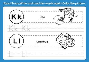 Ejercicio de alfabeto kl con vocabulario de dibujos animados para colorear vector de ilustración de libro