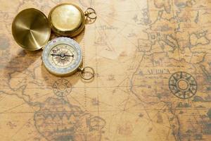 Old compass on vintage map photo