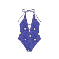 Purple swimsuit with floral print. Vector flat  illustration