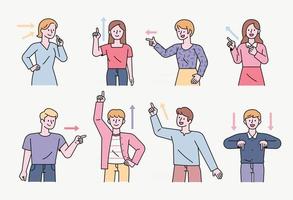 People are pointing their fingers up and down, left and right, and themselves in various directions. flat design style minimal vector illustration.