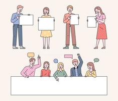 People are standing holding a white board. People are making comments behind a large white banner. flat design style minimal vector illustration.