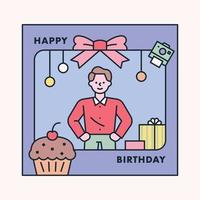 A man having a birthday party in a frame decorated with cute icons. flat design style minimal vector illustration.