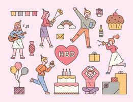 Set of icons with friends who are celebrating a birthday. flat design style minimal vector illustration.