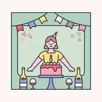 A girl having a birthday party in a frame decorated with cute icons. flat design style minimal vector illustration.