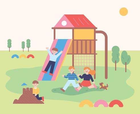 The children are playing with their friends on the playground. flat design style minimal vector illustration.