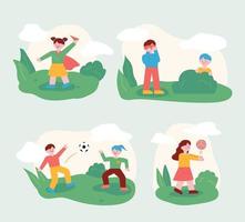 los niños juegan con sus amigos en el parque. niños jugando a la pelota o al escondite. Ilustración de vector mínimo de estilo de diseño plano.