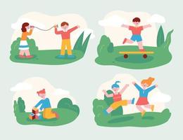 los niños juegan con sus amigos en el parque. niños que juegan con amigos y niños que juegan bien solos. Ilustración de vector mínimo de estilo de diseño plano.