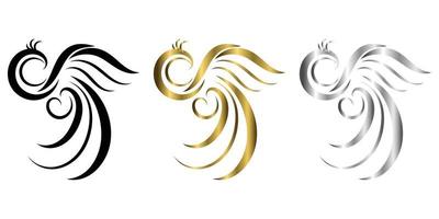 The abstract vector three color black gold silver image of a Phoenix