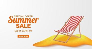 summer sale offer banner promotion with illustration of folding seat chair relax on the sand beach island vector