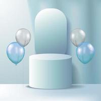 3d cylinder podium pedestal product display with flying helium pastel green color vector