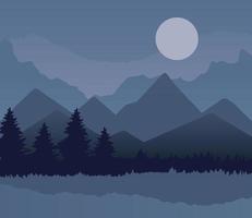 landscape of mountains, pine trees and moon on gray background vector design