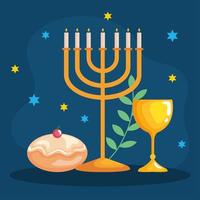 Happy hanukkah menorah, goblet and sufganiot vector design