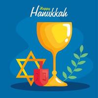 feliz hanukkah menorah, dreidal, estrella y diseño vectorial de copa vector