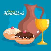 Happy hanukkah cup, oil pitcher and sufganiot vector design