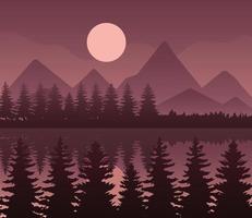 paisaje de montañas, lago, pinos y luna sobre fondo marrón diseño vectorial vector