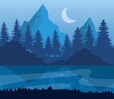 paisaje de montañas, lago, pinos y luna sobre fondo azul diseño vectorial vector