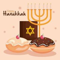 feliz hanukkah menorah, torah y sufganiot vector design