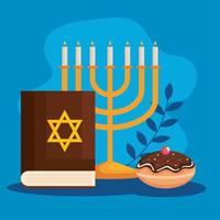 Happy hanukkah menorah, torah and sufganiot vector design