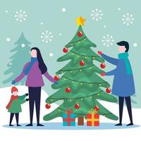 merry christmas father, mother and son with pine tree and gifts vector design