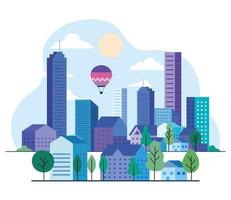 City landscape with buildings, houses, hot air balloons, trees, sun and clouds vector design