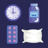 insomnia, clock, pills, jar and pillow vector design