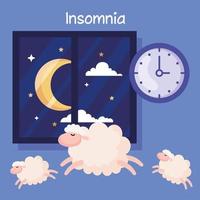 ovejas de insomnio, reloj y luna en el diseño de vectores de ventana