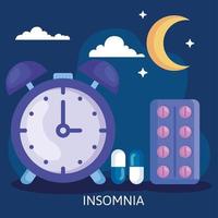 Insomnia. clock with pills, moon and clouds vector design