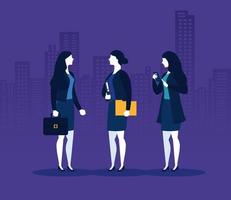 Businesswomen with suitcase, file and smartphone in front of city buildings vector design