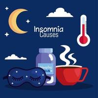 insomnia causes mask, pills, jar and moon vector design