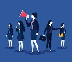 Businesswomen with megaphone, suitcase, file and smartphone on blue background vector design