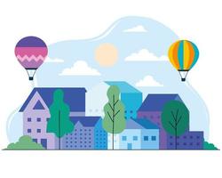 City houses with hot air balloons, trees, sun and clouds vector design