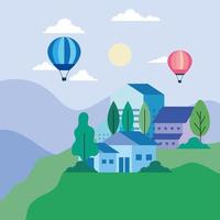 City houses with hot air balloons, trees, sun and clouds vector design